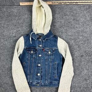 Levi's Blue Denim Hybrid Hoodie Trucker Jacket with Heather Gray Sleeves